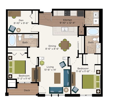 Floor plan for 2 beds, 2 baths, 1248 sqft